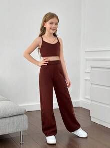 Tween Girl Loose Cardigan, Tight Tank Top & Leggings 3 Piece Knit Set - Coffee Brown - View 5
