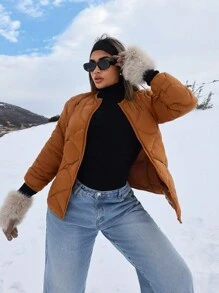 SHEIN SXY 女士纯色拉链长袖羽绒夹克，冬季 - 棕色 - 查看 8