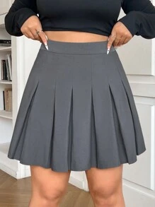SHEIN EZwear Falda corta informal plisada gris para mujer de talla grande - Gris - Ver 3