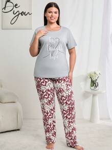 RueChic Cotton 2pcs Cotton Plus Slogan Printed PJ Set - Grey - View 5