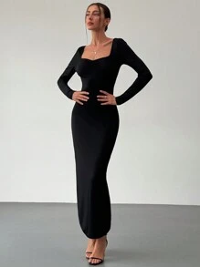 Aloruh Vestido negro elegante y romántico de manga larga con espalda descubierta y ajustado al Body para mujeres, para eventos como regreso a clases, cena o citas, en estilo sencillo y elegante para la temporada de otoño - Negro - Ver 2