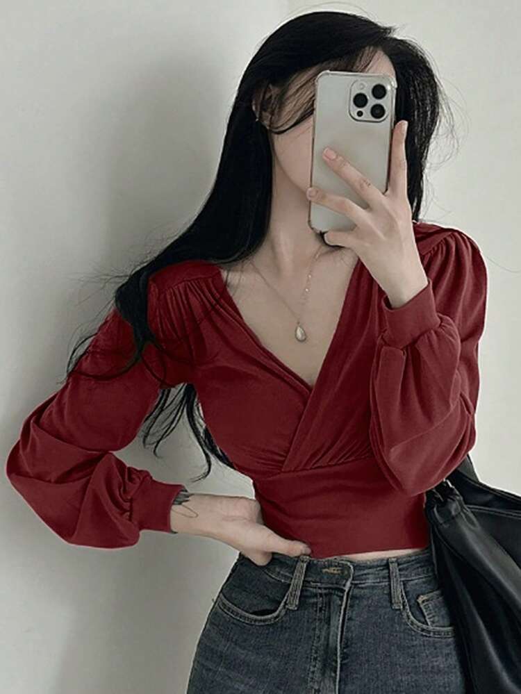 Women's Solid V-Neck Lantern Sleeve Cropped T-Shirt, Christmas Wine Red T-Shirt, Chinese New Year, Spring & Autumn Preppy Tops Long Sleeve Women Tops