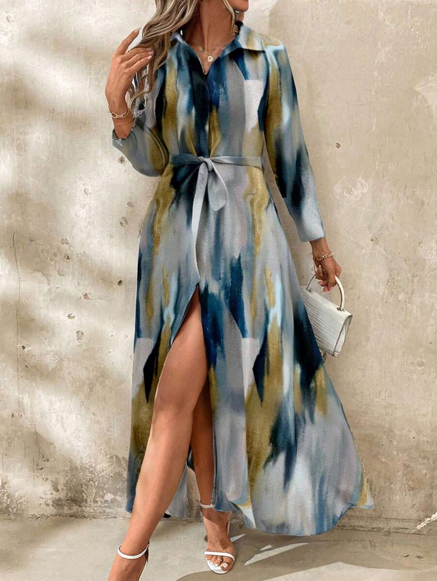 SHEIN Clasi 女式优雅抽象印花前开腰带长衬衫裙 - 彩色 - 查看 1