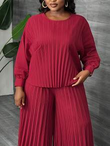 Slaydiva Ensemble 2 pièces vert casual et ample pour femmes grandes tailles avec col rond et manches plissées - C - Rouge foncé - Voir 4