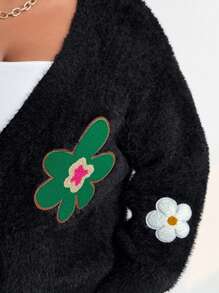 Maweii Plus Size Floral Applique Casual Long Sleeve Fuzzy Cardigan - Black - View 6