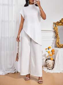 SHEIN Lady 四季两件套女装套装 秋季两件套休闲优雅女士白色编织立领优雅叠穿女士秋季套装 新款女士两件套 女士休闲两件套 - 白色 - 查看 3