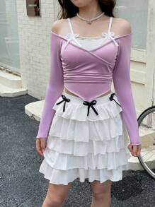 SHEIN 2pcs/Set Teen Girl Sweet Bowknot Waist Ruched Design Contrast Color Strap Ruffle Bowknot Top And Contrast Color Bow Cake Skirt 2 Pieces Set - Multicolor - View 5