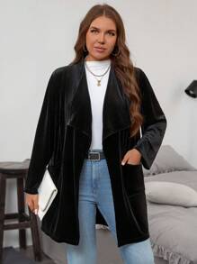 SHEIN LUNE Plus Size Autumn Jacket With Large Lapel, Front Opening And Dual Pockets - Black - View 5