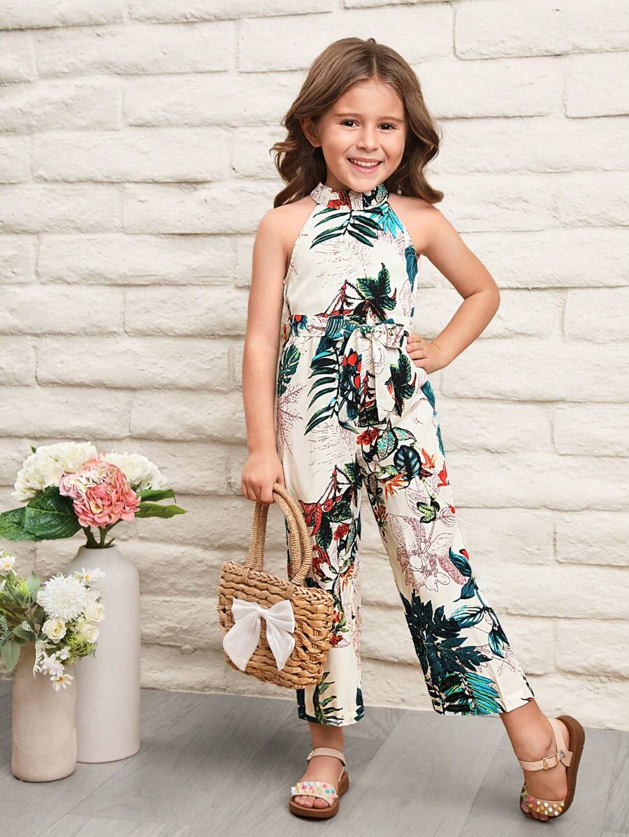 SHEIN Young Girl Tropical Print Belted Halter Jumpsuit - Multicolor - View 1