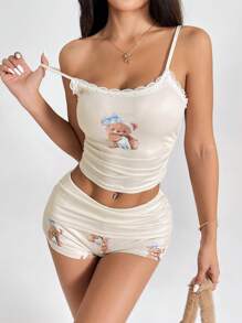 SHEIN PETITE Cartoon Graphic Print Lace Trim Cami Top & Shorts - Apricot - View 9