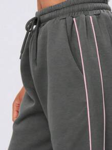 MUSERA 宽松阔腿撞色包边运动裤，适合度假、机场休闲、冬季穿着 - 深灰色 - 查看 5