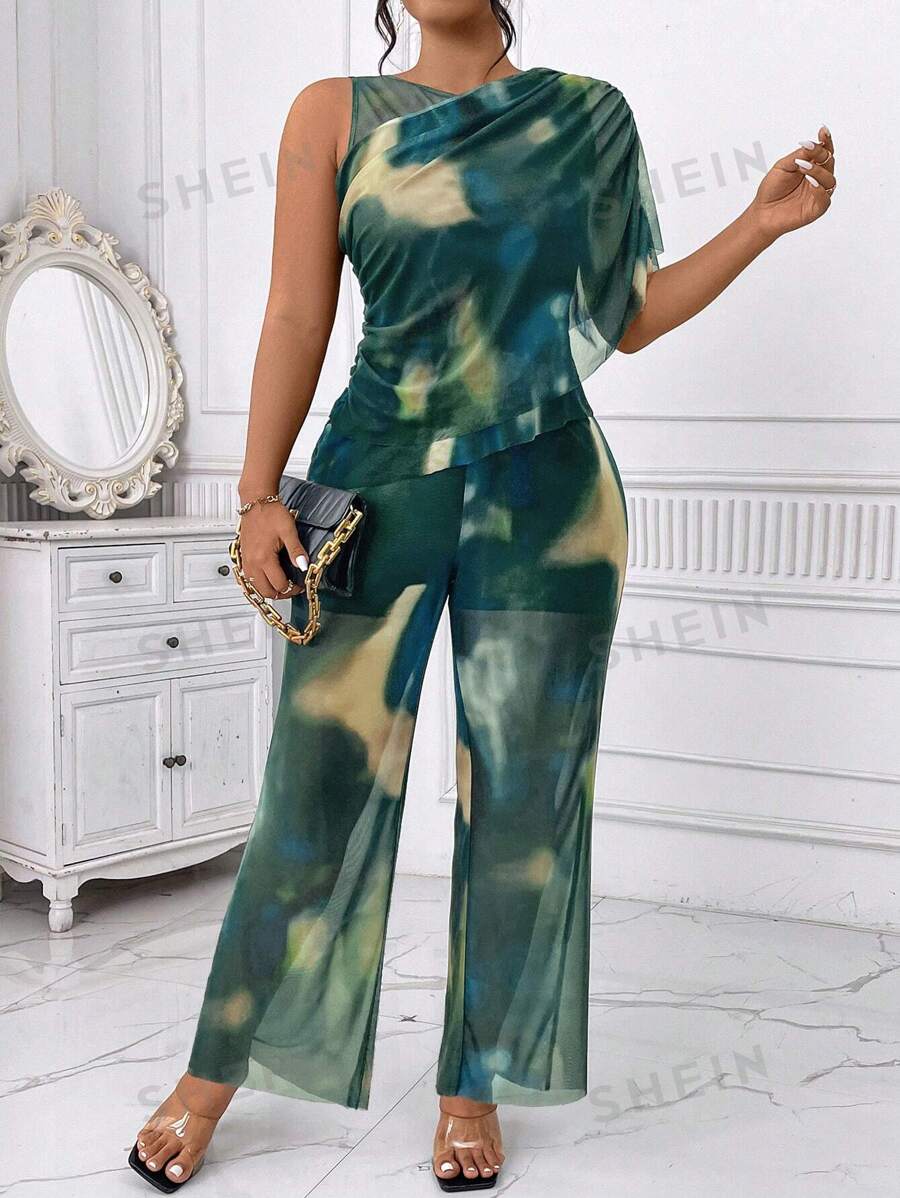 Celure 2 piezas Conjunto de top y pantalones de moda talla grande de malla teñida anudada, verano