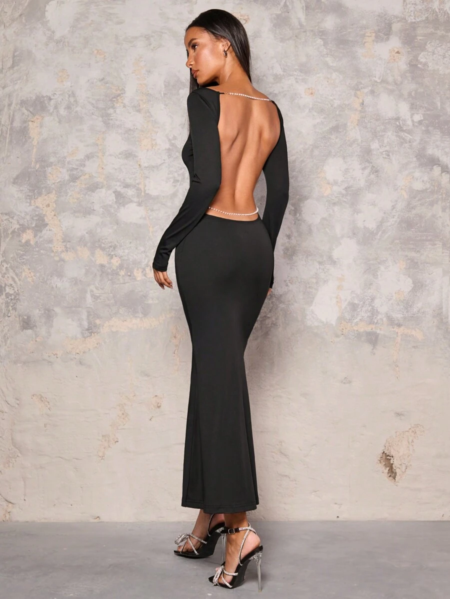 Glamine Pearl Chain Decor Backless Dress With Long Sleeve Fishtail - Black - View 1