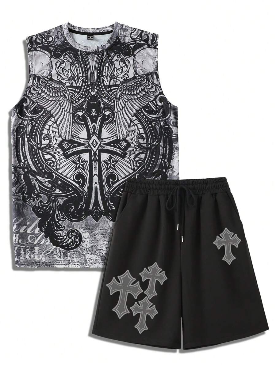 Manfinity Dauomo 男士休闲十字翅膀印花上衣和短裤两件套，夏季 - 黑色 - 查看 1