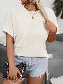 Franclia Plus Size Casual Loose Batwing Sleeve Pocketed Knit Top - White - View 3