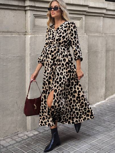 SHEIN Vestido de maternidad elegante de cuello en V, manga farol, estampado de leopardo para primavera y otoño