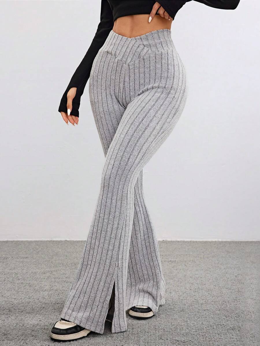 Muchica Pantalones acampanados de cintura alta con abertura, ajustados, de punto acanalado de franela, para mujer, para otoño/invierno - Gris - Ver 1