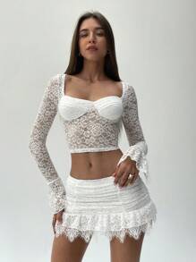 Aloruh 2er Set: Einfarbige Bluse mit Herzausschnitt und Langarm, Spitze, minimalistisch und A-Linie Rock, Lässig - Weiss - Übersicht 6