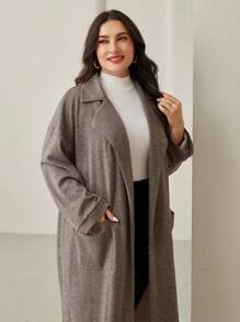 Mulvari 大码女式纯色翻领长袖休闲宽松长款夹克，秋冬 - 彩色 - 查看 1