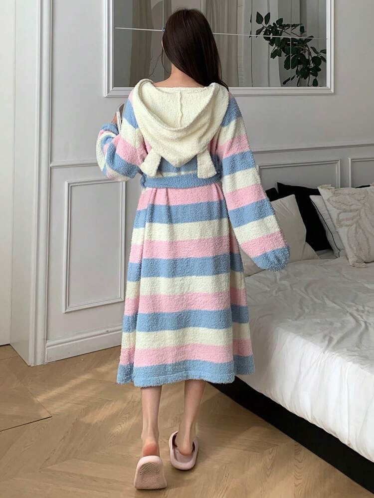 Cute Stripe Half Plush Hooded Bathrobe Pajama Fall,Winter