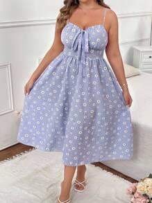 Franclia 大码细肩带蝴蝶结雏菊花卉连衣裙，甜美度假风格