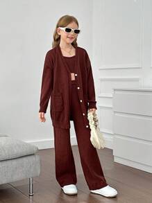 Tween Girl Loose Cardigan, Tight Tank Top & Leggings 3 Piece Knit Set - Coffee Brown - View 6