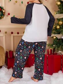 Santa Claus Knit Raglan Sleeve Long Sleeve Top & Pants Plus Size Pajama Set, For Christmas, Fall Winter Clothes - Multicolor - View 2