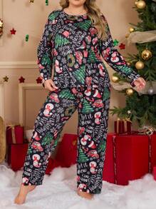 Plus Size Snowman Print Long Sleeve Top & Pants Pajama Set For Christmas, Fall Winter Clothes - Multicolor - View 6