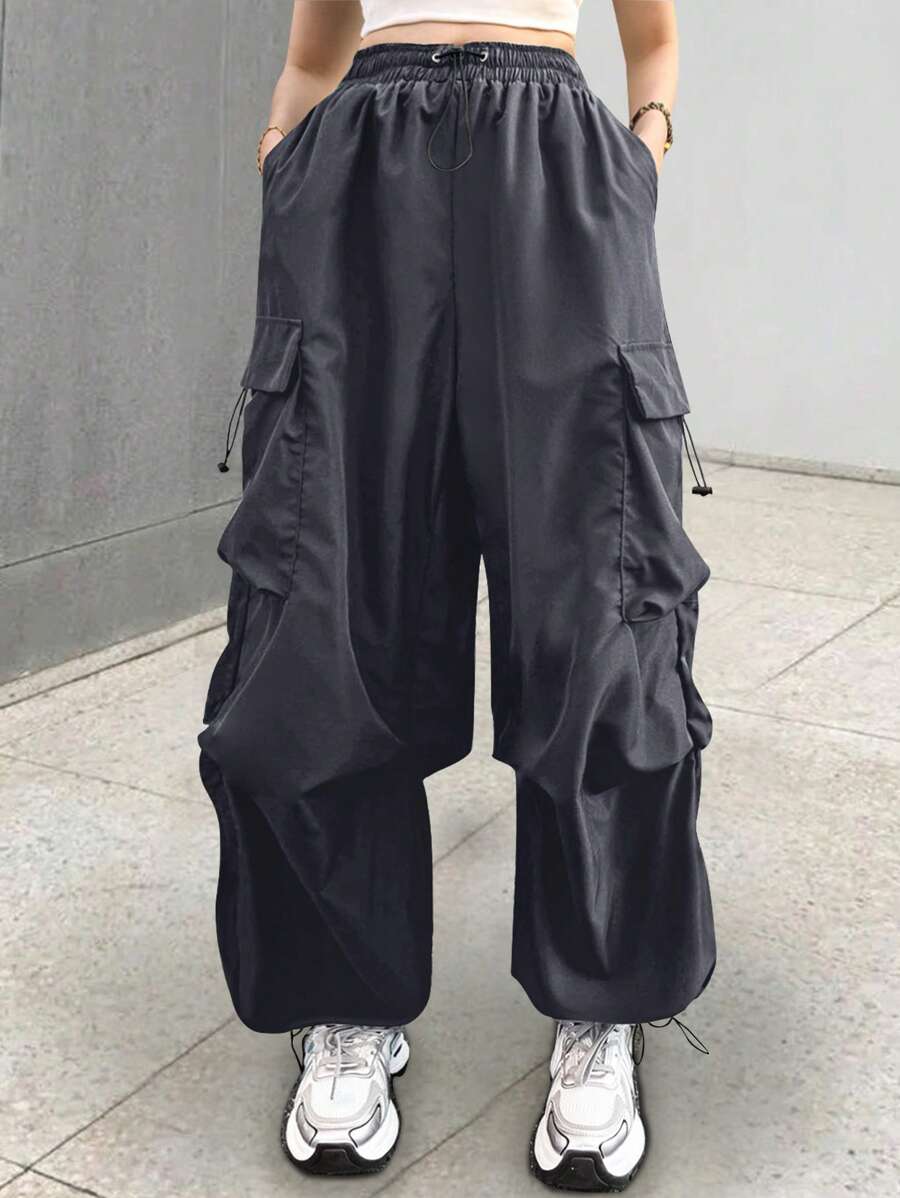Flirla Plus Size Women's Drawstring Waist Baggy Black Cargo Pants - Grey - View 1