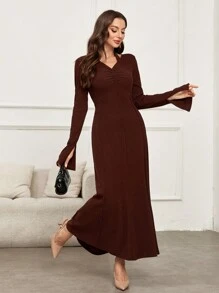 Mulvari Women's Solid Color Flared Sleeve Ruffle Elegant Dress, Spring Autumn