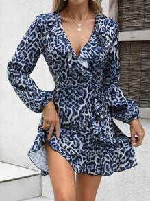 SHEIN Clasi 女式豹纹拼布荷叶边灯笼袖优雅时尚迷你连衣裙 - 藍色 - 查看 1