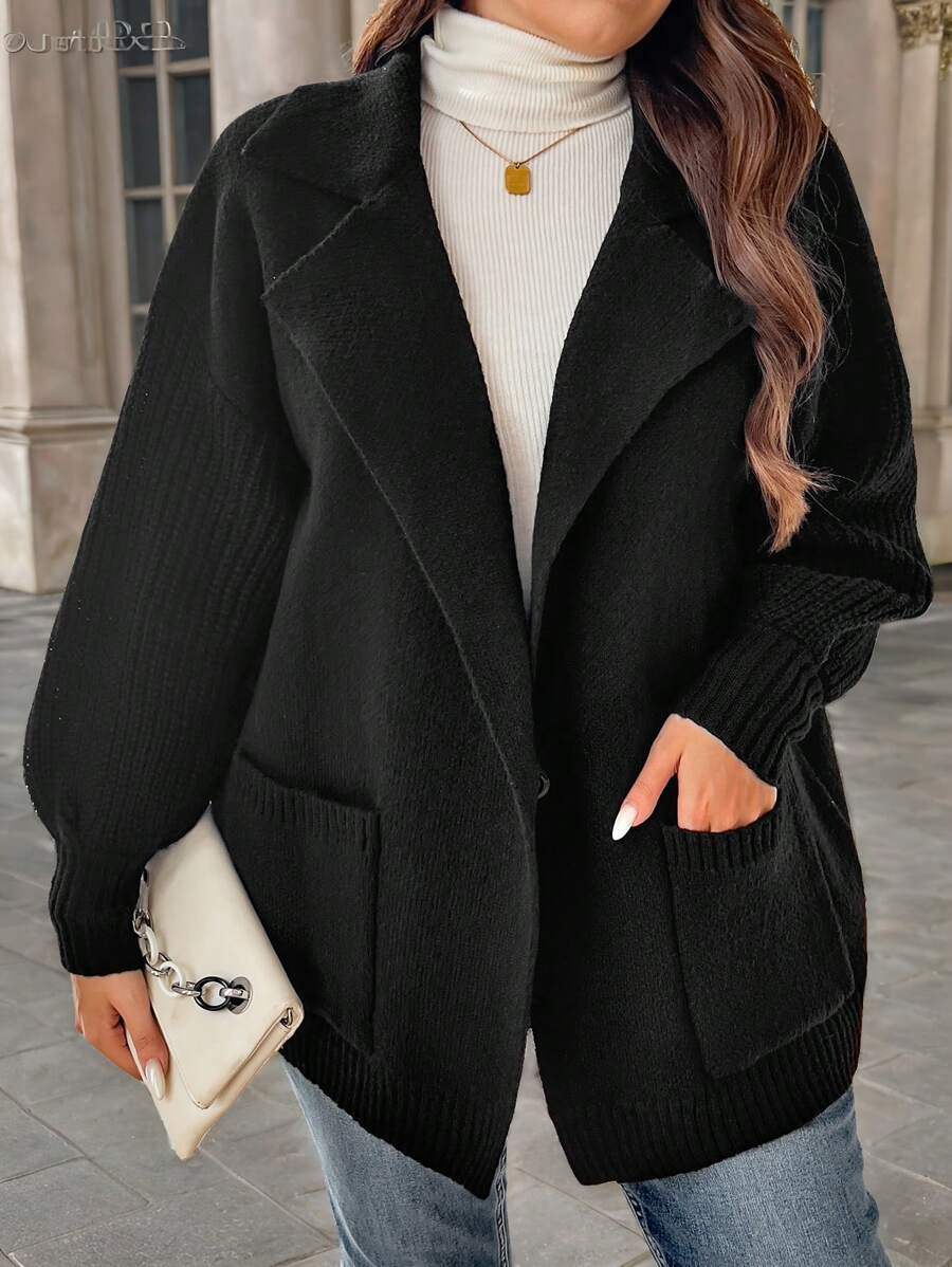Calvaya Áo len cardigan tay đèn lồng màu đen cỡ lớn, thu đông - màu đen - Xem 1
