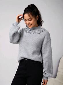 Girl & Teen Girls' Elegant Floral 3D Decorated Crew Neck Sweater. The Distinctive 3D Floral Collar Decoration Adds A Unique Style Highlight To The Overall Look. The Refined Crew Neck Design Is Simple Yet Graceful, Offering Warmth And Comfort With Its Soft, Delicate Fabric Material. This Sweater Creates A Charming, Fashionable Look For Girl And Teen Girls, Allowing Them To Radiate Confidence And Charm At Social Events.