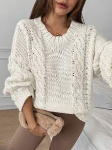 SHEIN LUNE Damski sweter oversize z długim rękawem i minimalistycznym splotem kablowym, dzianinowy sweter na jesień i zimę - Biały - Zobacz 6