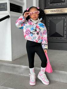 SHEIN Leap Crew Young Girl Woven Loose Casual Short Padded Coat With Geometric & Graffiti Print