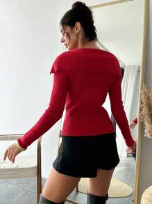 SHEIN Privé Áo len cardigan nữ cao cấp thiết kế bất đối xứng màu trơn phong cách cổ điển cho mùa thu/đông - Màu Đỏ Sâu - Xem 3