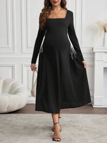 SHEIN Maternity Solid Color Square Neck Lace Up Elegant Long Sleeve Dress - Black - View 1