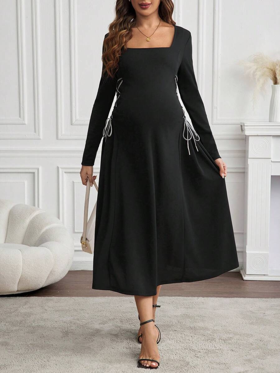 SHEIN Maternity Solid Color Square Neck Lace Up Elegant Long Sleeve Dress - Black - View 1