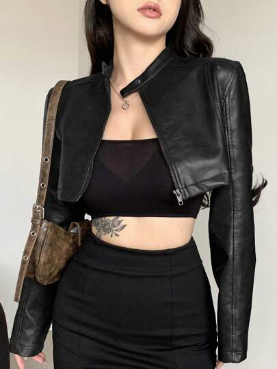 DAZY Chaqueta corta de mujer con cierre frontal de cremallera, manga larga, unicolor, minimalista y casual de PU, ropa de otoño