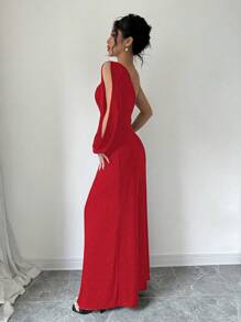 Rafferiza 女式纯色不对称领口开衩镂空长袖连衣裙新年衣服长款女装 - 紅色 - 查看 2