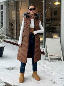 EURMUSE Fur And Zipper Added Padded Long Brown Vest - Brown - View 3