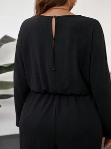 SHEIN LUNE Bộ đồ liền thân thường ngày tay dài cổ chữ V màu trơn cỡ lớn có thắt eo - màu đen - Xem 2