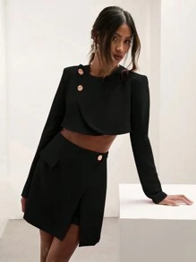 COSMINA Conjunto de 2 piezas para mujer: Top corto con botones de un solo color y minifalda