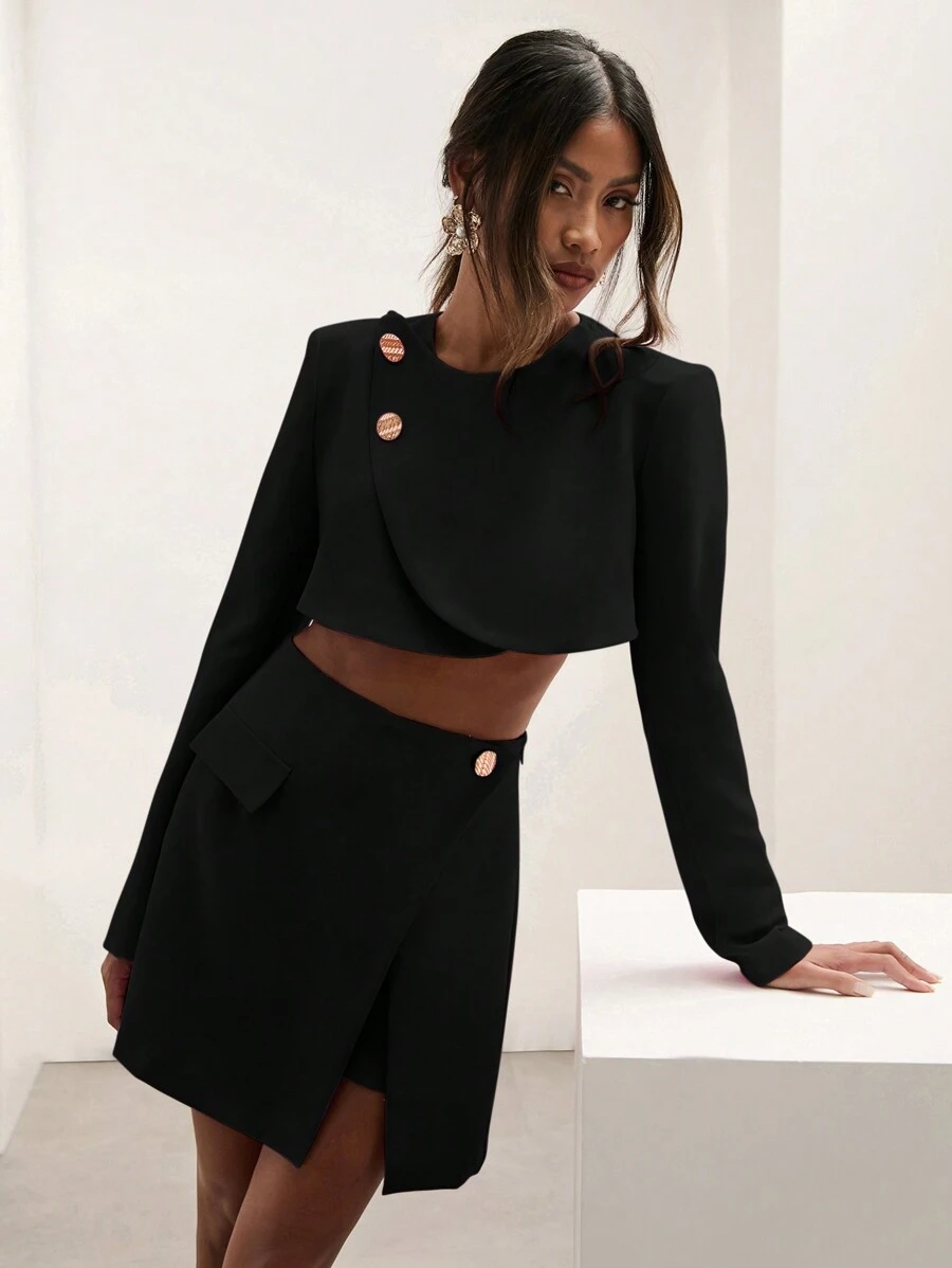 COSMINA Women's Solid Color Button Up Crop Top And Mini Skirt 2 Pieces Set - Black - View 1