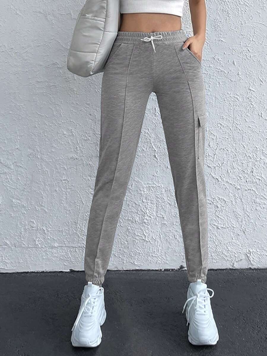 EURMUSE Drawstring Waist Flap Pocket Side Jogger Sweatpants - Light Grey - View 1