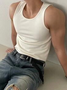 DAZY Men Solid Round Neck Sleeveless Casual Top, Fall - White - View 8