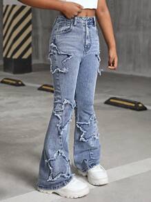 SHEIN Jeans acampanados de denim con patrón de estrellas lavado a piedra y deshilachados para niñas preadolescentes, conjunto de ropa de otoño y atuendos de homecoming para niñas preadolescentes