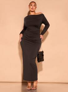 SHEIN BAE Plus Size Autumn Black Asymmetric One-Shoulder Gathered Long-Sleeved Elegant And Sexy Long Dress Suitable For Daily Outings, Dates And Commuting Fall Women Clothes