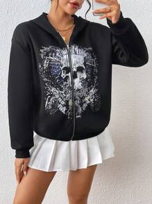 SHEIN Unity 女士前拉链长袖骷髅印花休闲连帽运动衫 - 黑色 - 查看 6
