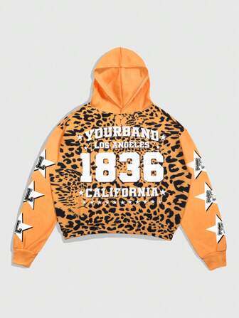 Street Life Felpa con cappuccio da uomo con stampa leopardata e grafica a lettere